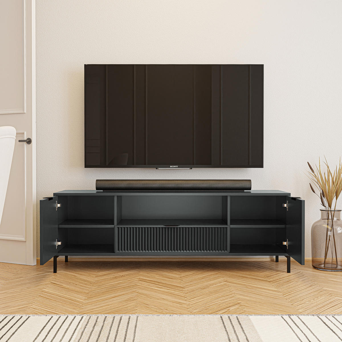 TV-LOWBOARD groß mit 1 Schublade und 2 Türen, Grün - Grün, Holzwerkstoff (165/56/41cm) - Idohome