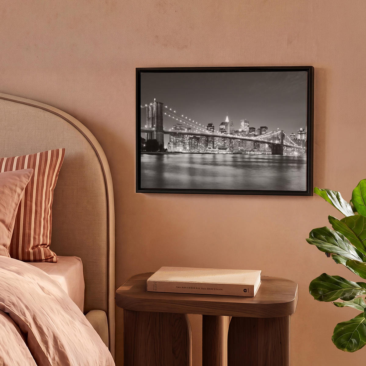 LEINWAND Bilder mit Rahmen - New York - Brücke - Brooklyn - Schwarz und weiß - Architektur - 40x30 - Schwarz, Textil (40/30cm) - MuchoWow