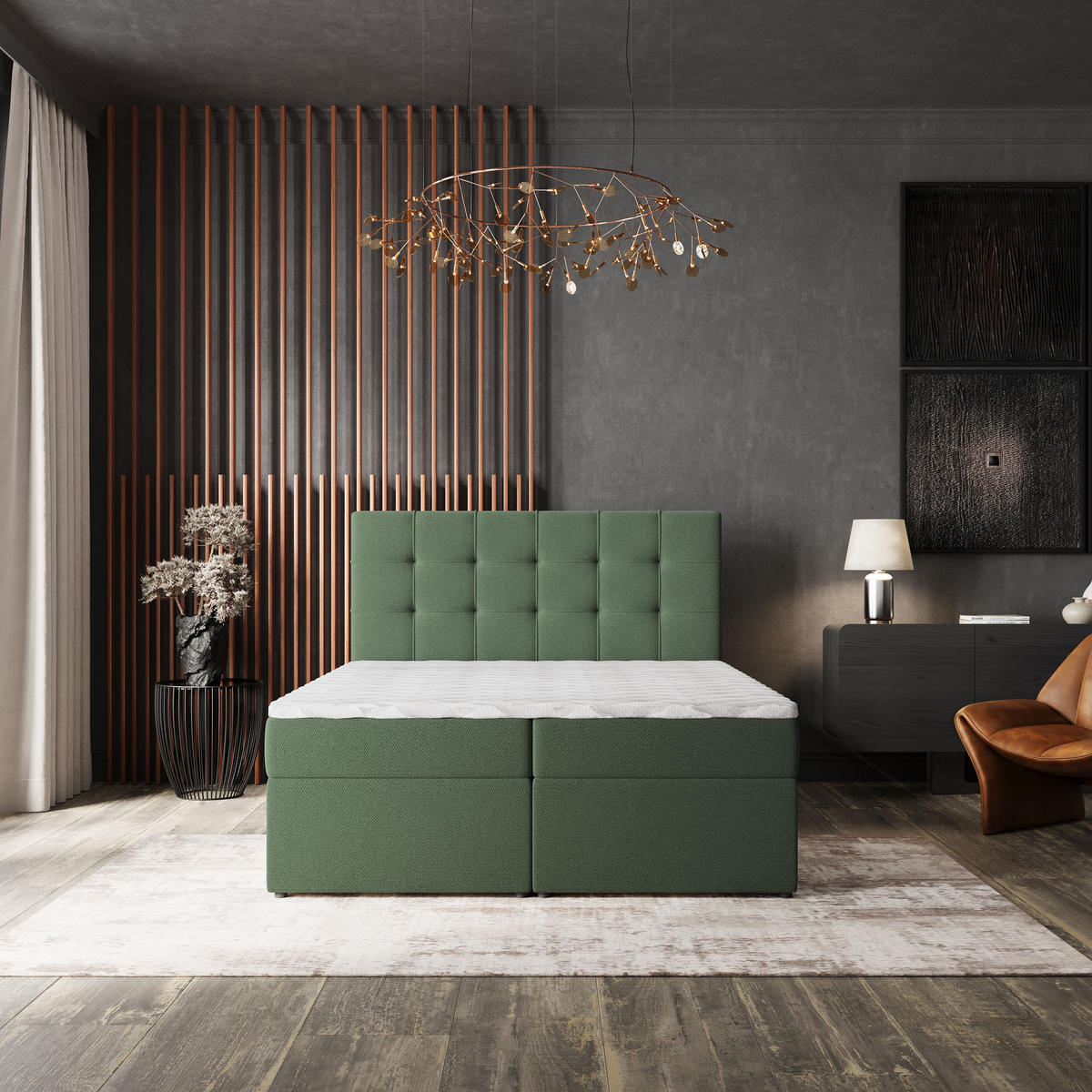 BOXBETT PALMA 180x200 cm mit Matratze und Topper, H2+H3 - Grün - Grün, Holz (180/200cm) - MASSENO