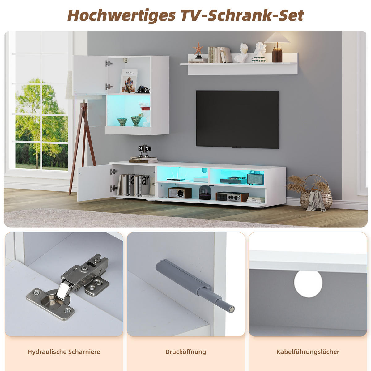 WOHNWAND 3-teilig LED Hochglanz TV Schrank Weiß - Weiß, Holzwerkstoff (175/34/39cm) - FLIEKS