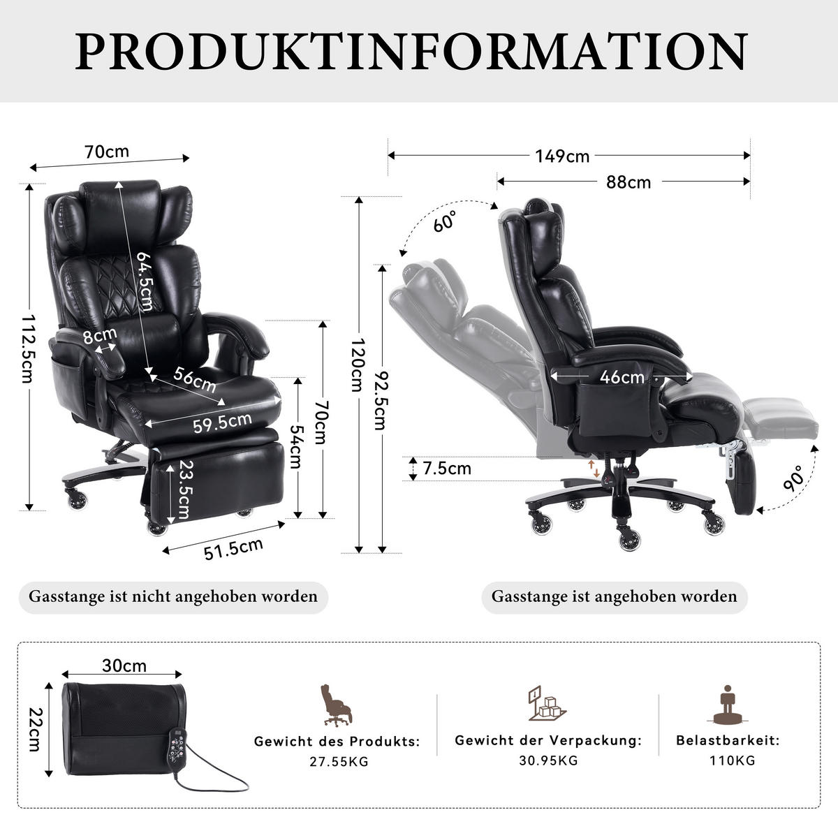 BÜROSTUHL Schwarz 88/70/112.5 cm mit Massagefunktion - Schwarz, Metall (88/112.5/70cm) - PANGIVO