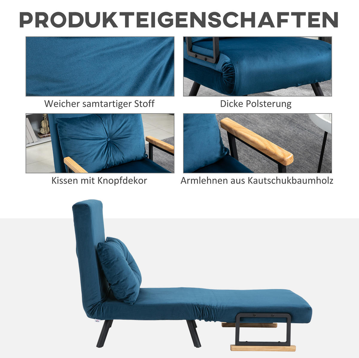 SCHLAFSESSEL 63/73/81 cm mit Liegefläche 63/185 cm – klappbar, 5-fach verstellbar - Blau, Textil (73/81/63cm) - BEAOK