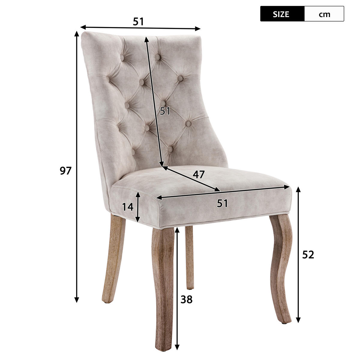 ESSZIMMERSTUHL 2er-Set mit Samtbezug, diamantförmigen Knopfdetails, ergonomischer Rückenlehne und massiven Gummiholzbeinen, hellbeige - Beige, Textil (51/97/47cm) - Luhomfu