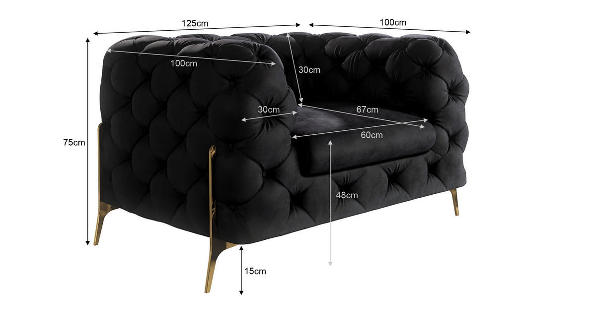 SITZGARNITUR 3+2+1 Chesterfield Lexi Schwarz Samt - Goldfarben/Schwarz, Holz/Textil (243/75/100cm) - S-Style Möbel