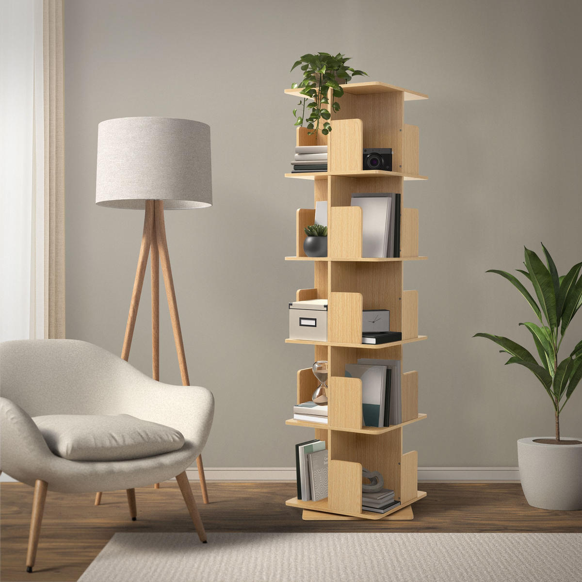 BÜCHERREGAL Kinder mit 5 Ebenen Eiche 40x155x40 cm Drehbar 360 Grad - Beige, Holzwerkstoff (40/155/40cm) - ML-DESIGN