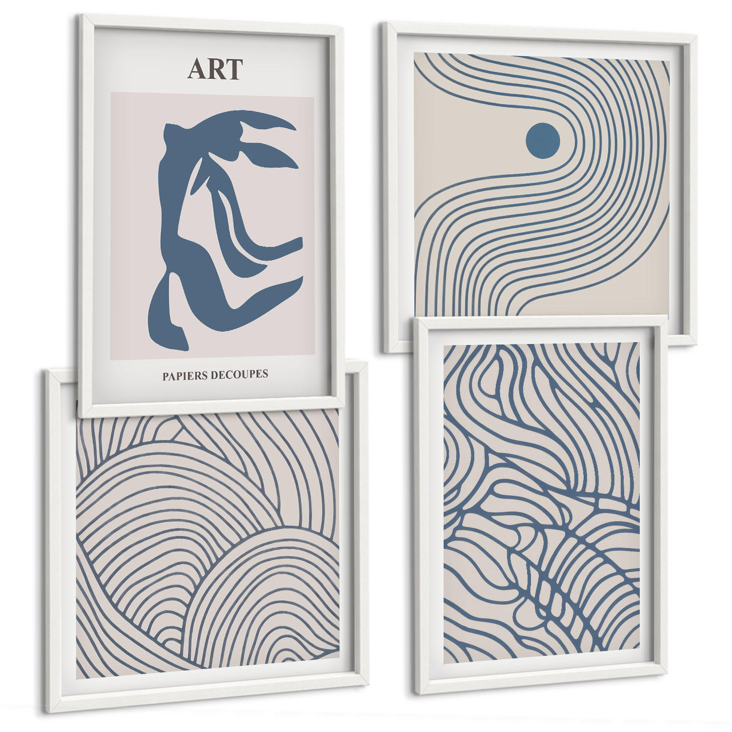 BILDER SET 4er Set - 50x50 cm & 40x60 cm Weißer Rahmen - Abstrakte blaue Linien - Weiß, Kunststoff (50/50cm) - TULUP