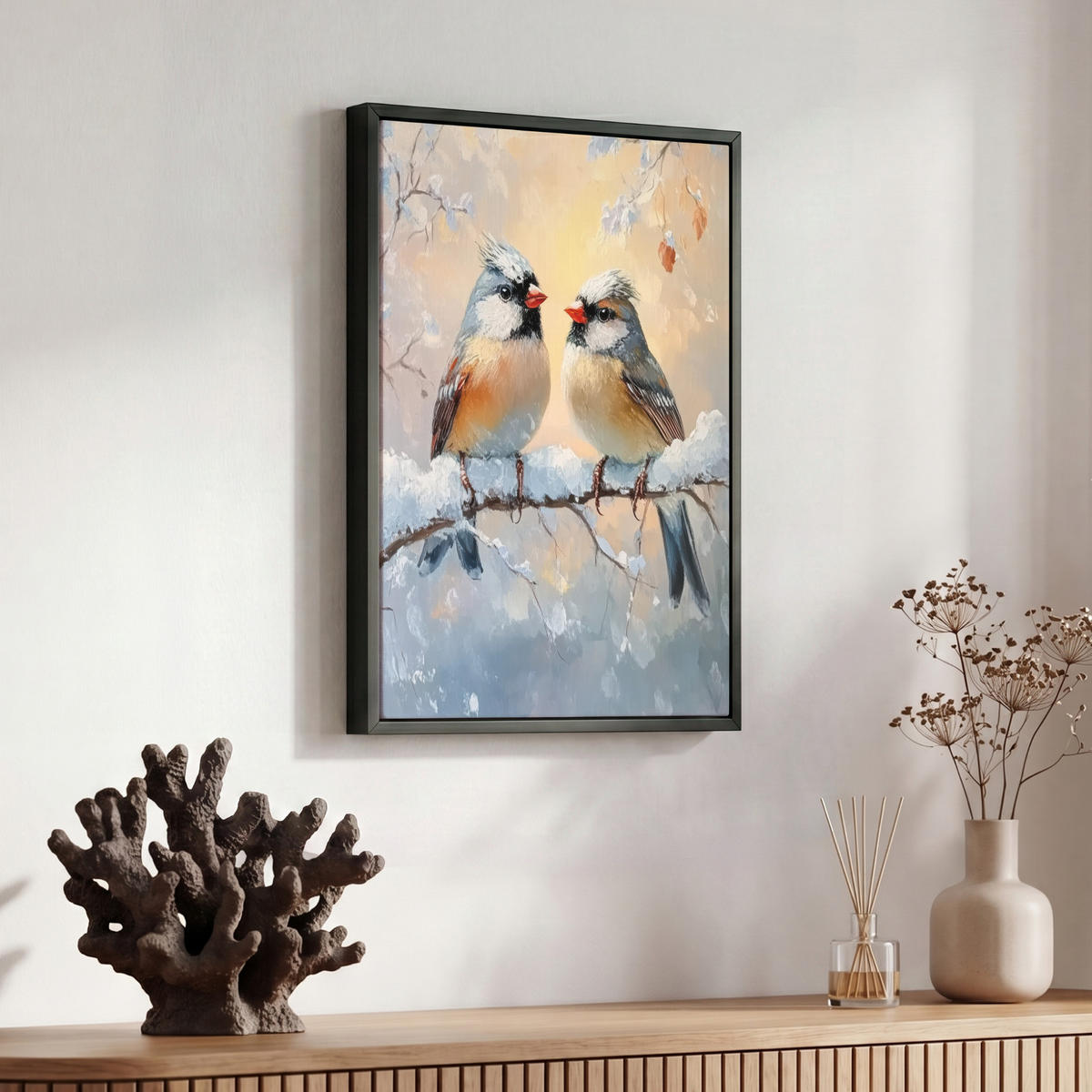LEINWAND Bilder mit Rahmen - Vögel - Zweig - Winter - Schnee - 30x40 - Pastellblau, Textil (30/40cm) - MuchoWow