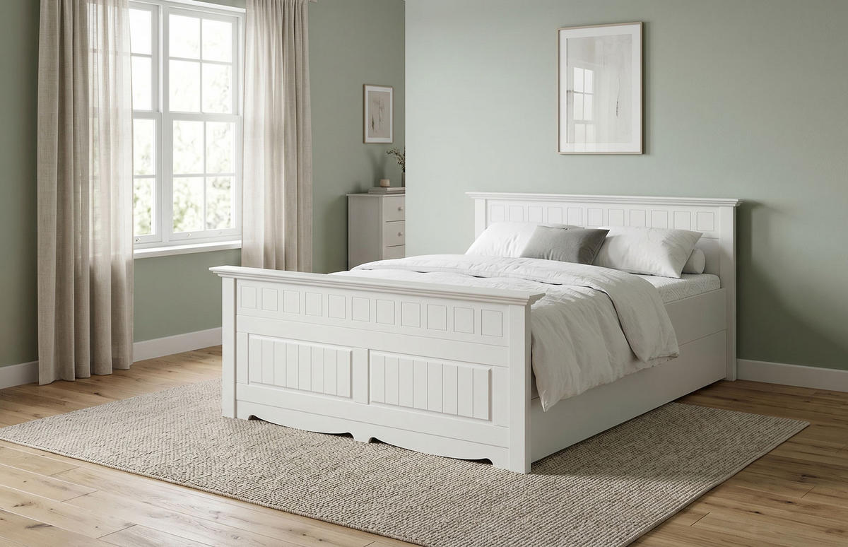 BETT Belluno Elegante Kiefer weiß lackiert 140 / 214 / 95cm - Weiß, Holz (120/200cm) - Feldmann-Wohnen
