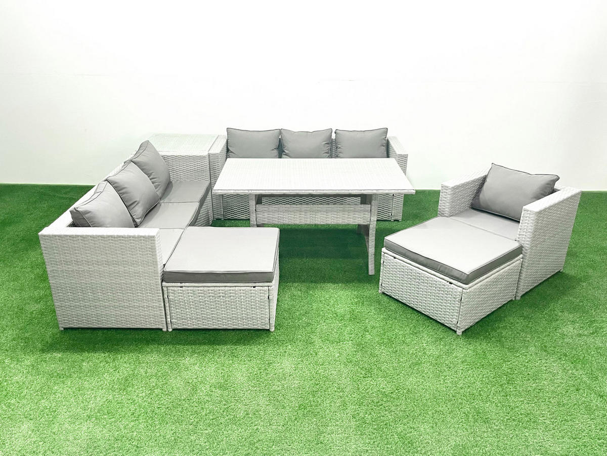 GARTENMÖBEL SET mit 3-Sitzer-Sofa und Sessel, Esstisch,2 Großer Hockern,Beistelltisch Polyrattan Hellgrau 9-Sitzer - Hellgrau/Grau, Glas/Kunststoff - Fimous