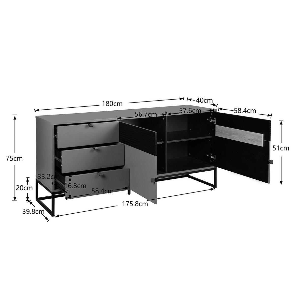 SIDEBOARD - 180 cm - Eichefarben/Schwarz, Holzwerkstoff/Kunststoff (180/75/40cm) - home24