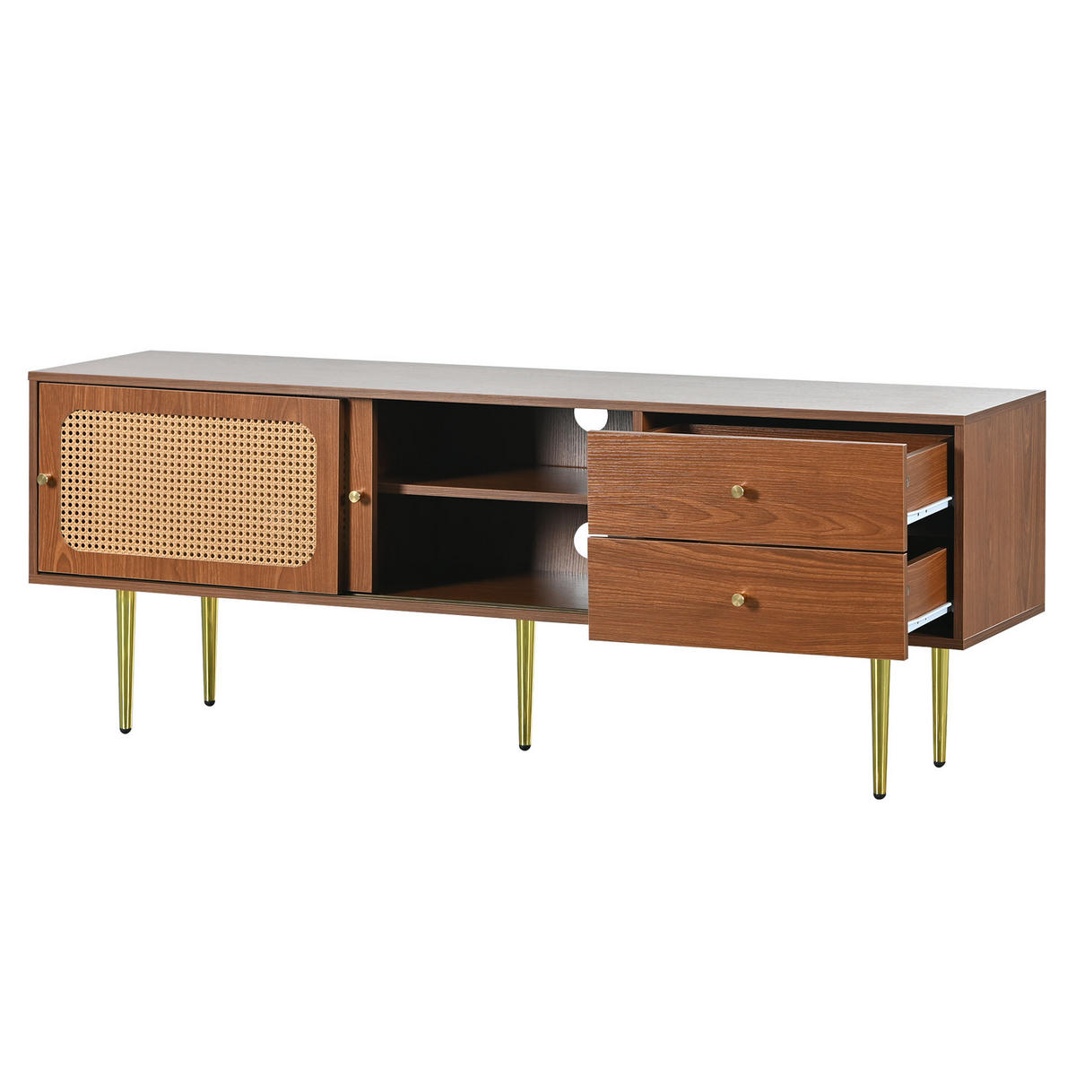 TV-ELEMENT 160/40/60 cm Nussbaumoptik mit Rattan-Schiebetüren und Schubladen - Nussbaumfarben, Holzwerkstoff (40/60/160cm) - Korfee