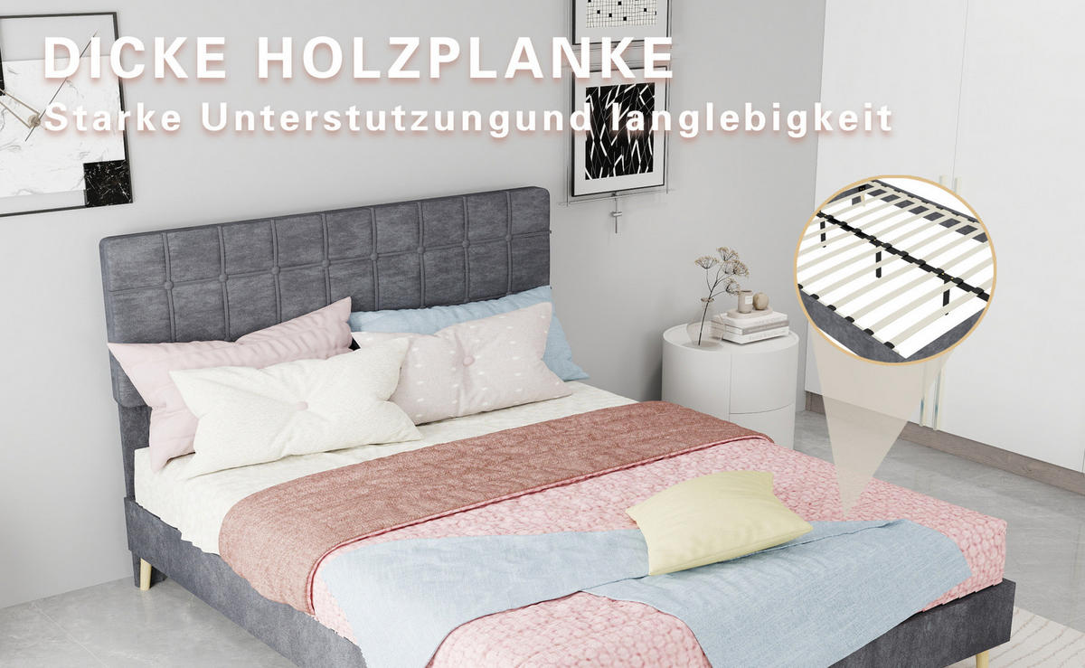 POLSTERBETT 140/200 cm mit karierter Polsterkopfteil und Holzfüßen, Grau - Grau, Textil (140/200cm) - Redom