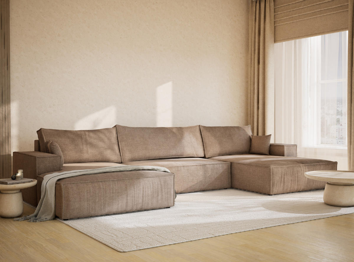 WOHNLANDSCHAFT Kyoto Grau braun Chenille-Stoff - Graubraun/Schwarz, Holz/Holzwerkstoff (398/70/148cm) - Maison de Reve
