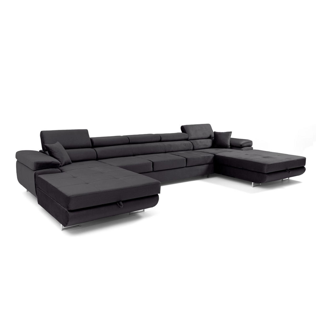 ECKSOFA U-Form ALONZO MAXI U mit Schlaffunktion 125x318 Velours Schwarz - Silberfarben/Schwarz, Holz/Textil (400/90/203cm) - Muffo