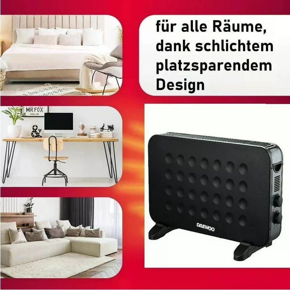 KONVEKTOR – Daewoo DHS-3317C – 2000 W, 3 Heizstufen, Thermostat, Überhitzungsschutz, Kippschutz, Mobiler Heizkörper, Leise, Energiesparend - Schwarz, Metall (44/64/33cm)