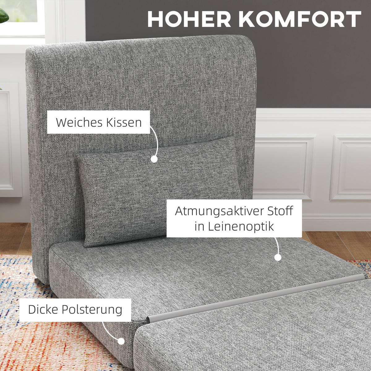 BODENSESSEL 2-in-1 Klappbar Schlafsofa mit Kordoptik für Wohnzimmer, Grau - Grau, Textil/Metall (75/74/80cm) - HOMCOM