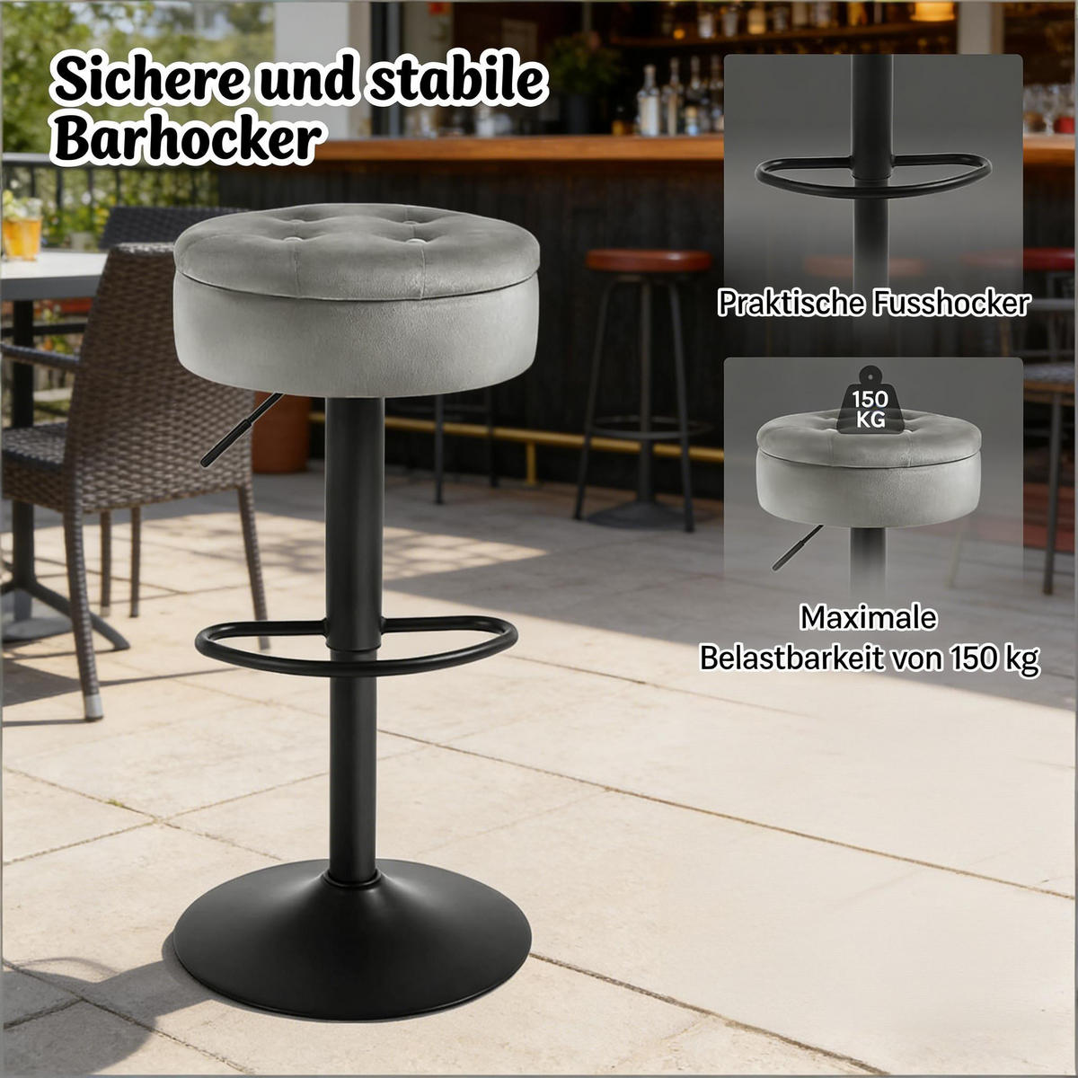 BARHOCKER 1er-Set Hellgrau mit Aufbewahrungsraum Samt & Höhenverstellbar - Hellgrau, Metall (39/79.5/39cm) - PANGIVO