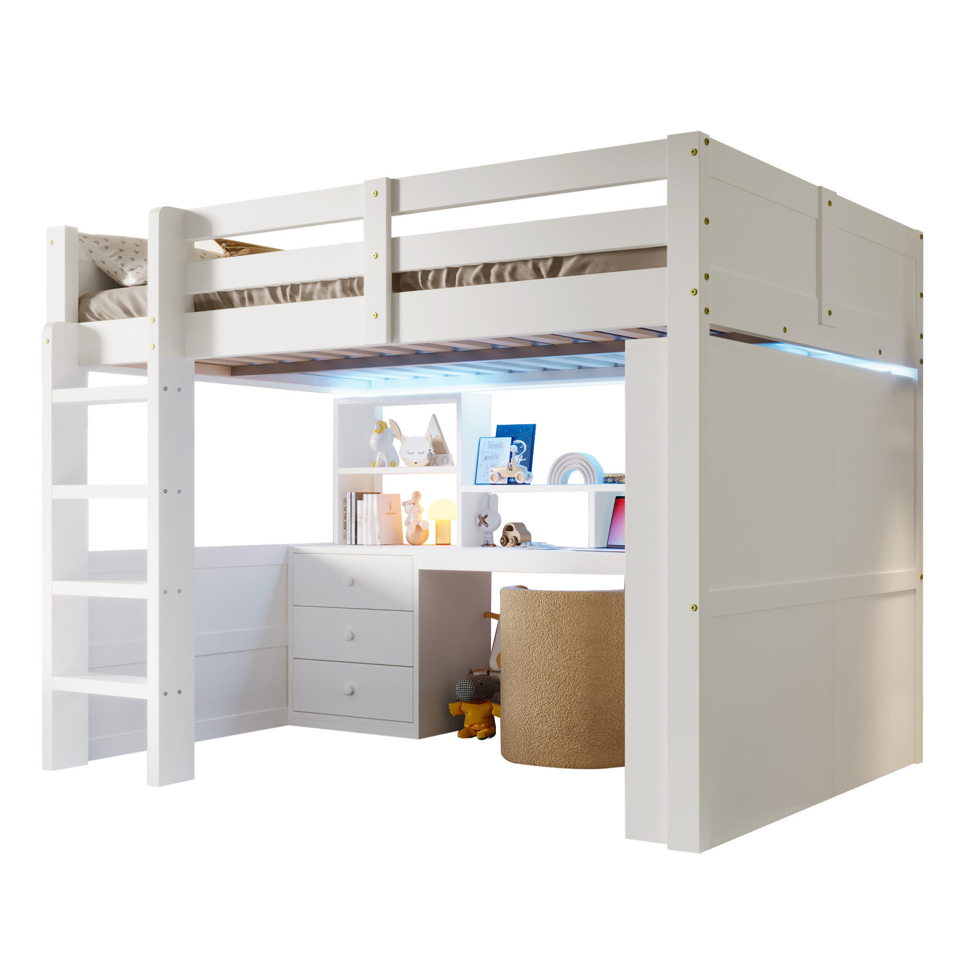 HOCHBETT mit LED-Leuchtleiste, Schreibtisch und Kleiderschrank, 140/200 cm, Weiß - Weiß, Holz (140/200cm) - MIVRAY