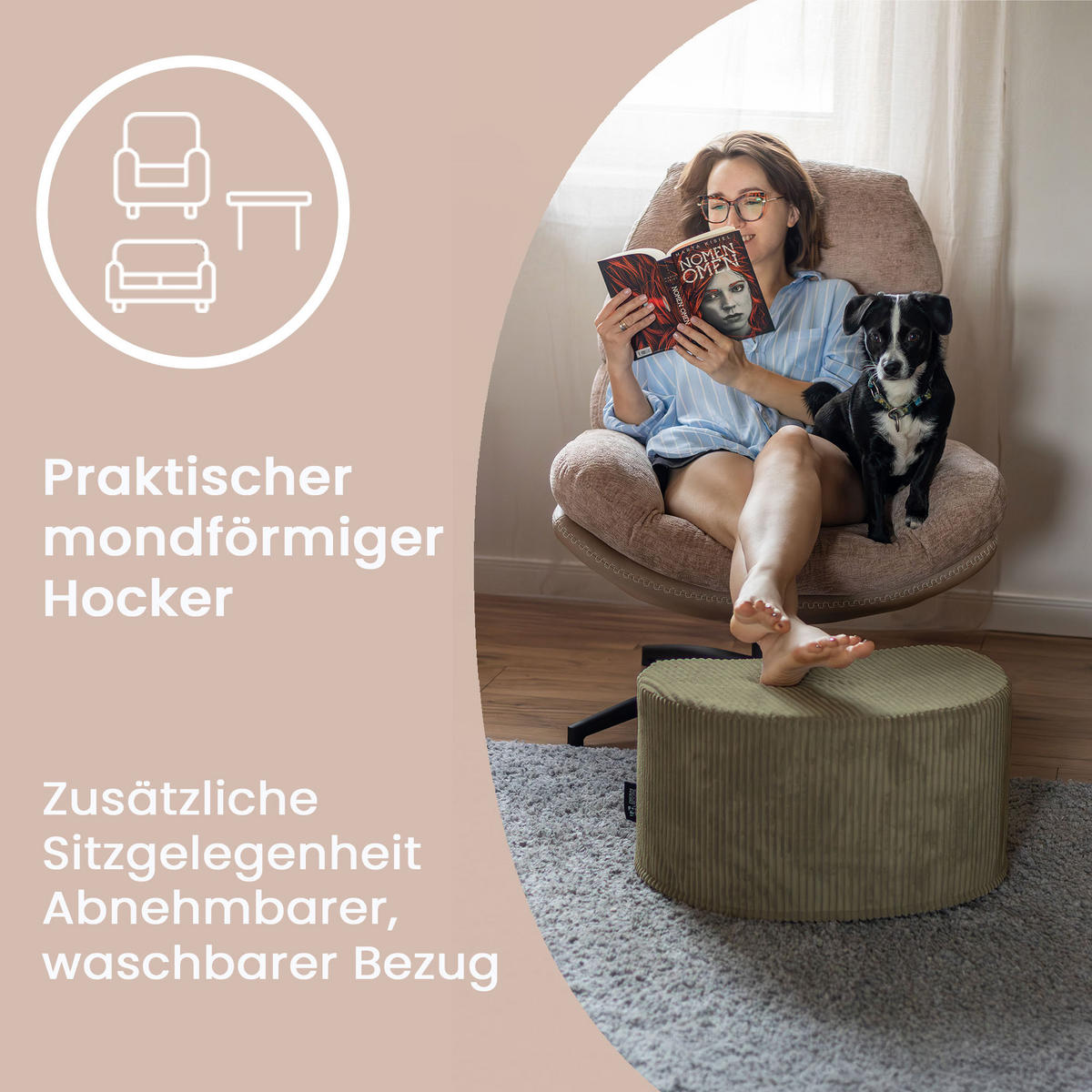 SITZSACK Halbmond 54/36/35 cm, weicher Cord 420 g/m², Olivgrün - Olivgrün, Textil (36/35/54cm) - Dreamroots