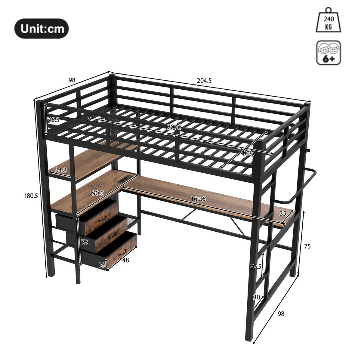 HOCHBETT 90x200cm Schwarz LED-Licht Schreibtisch Steckdose USB 3 Schubladen - Schwarz, Metall (90/200cm) - FLIEKS