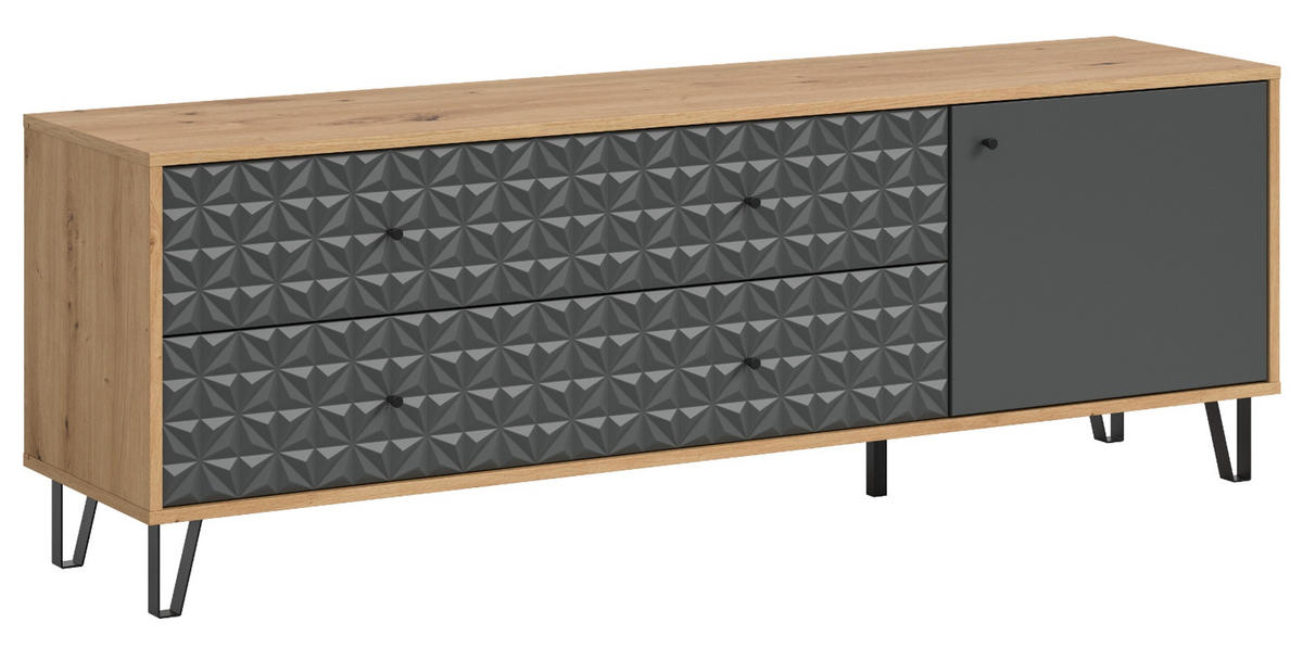 TV-LOWBOARD grau, Eiche Artisan 164 x 56 cm, TV Unterteil mit 3D-Struktur - Schwarz/Eiche Artisan, Holzwerkstoff/Kunststoff (164/56/40cm) - Inn.Furn