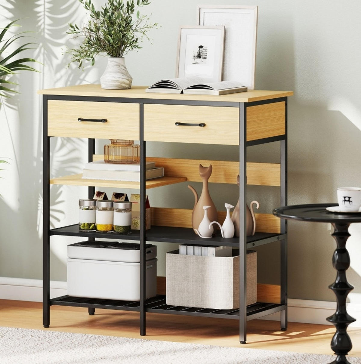 SIDEBOARD aus Holzwerkstoff 90x40x91 cm Naturfarben mit 2 Schubladen und 3 offenen Fächern im Industrial-Stil - Naturfarben, Holzwerkstoff (90/91/40cm) - Modfu