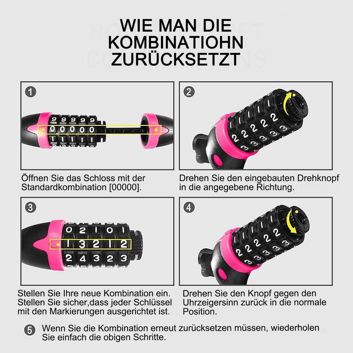 KABELSCHLOSS 120 cm mit Zahlenschloss und Halterung Rosa - Pink, Metall (4.1/16/15.3cm)