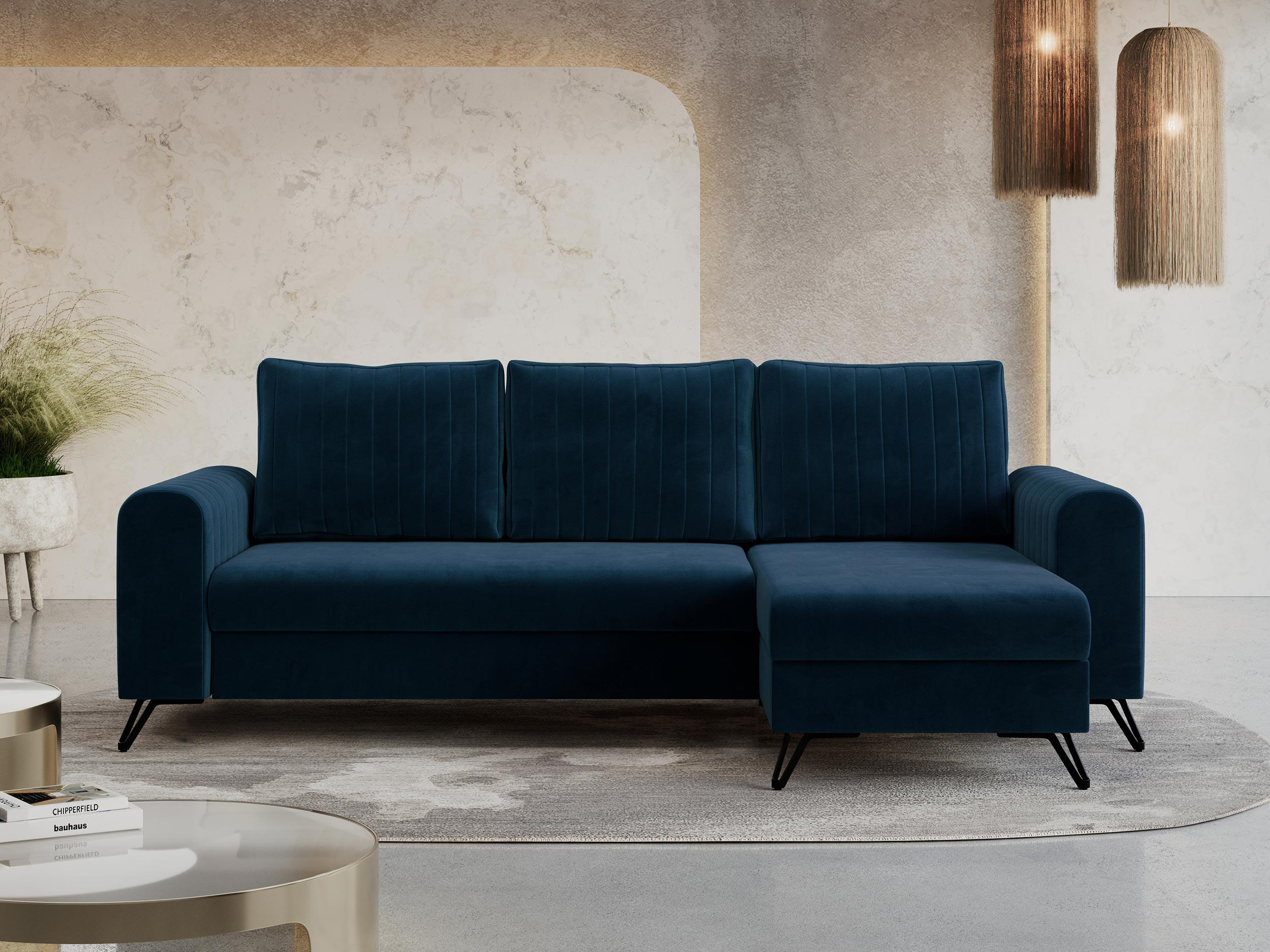 ECKSOFA Axel Velvet Dunkelblau - Schwarz/Dunkelblau, Textil/Metall (242/140cm) - MKS
