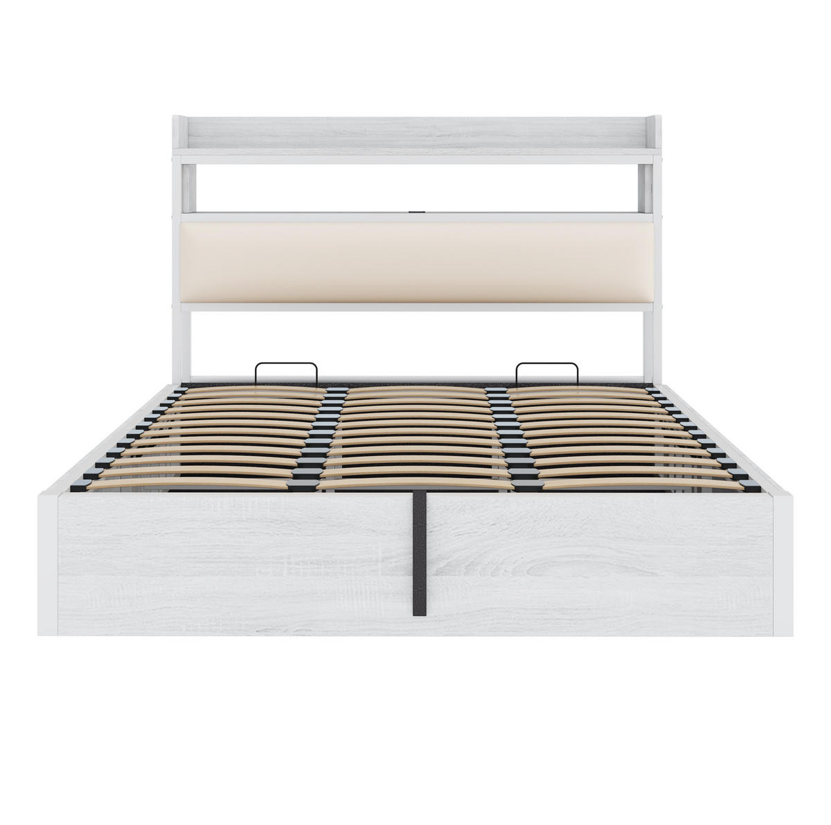 POLSTERBETT aus Metall, Holz und Stoff 180x200 cm Weiß mit USB-Anschluss, hydraulischem Bettkasten und Kopfteilablage - Weiß, Metall (180/200cm) - Modfu