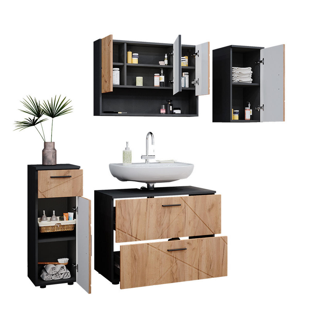BADMÖBEL-SET Irma Goldkraft Eiche/Anthrazit 4 Teile - Honigeiche/Anthrazit, Holzwerkstoff (80/58.6/41cm) - Vicco