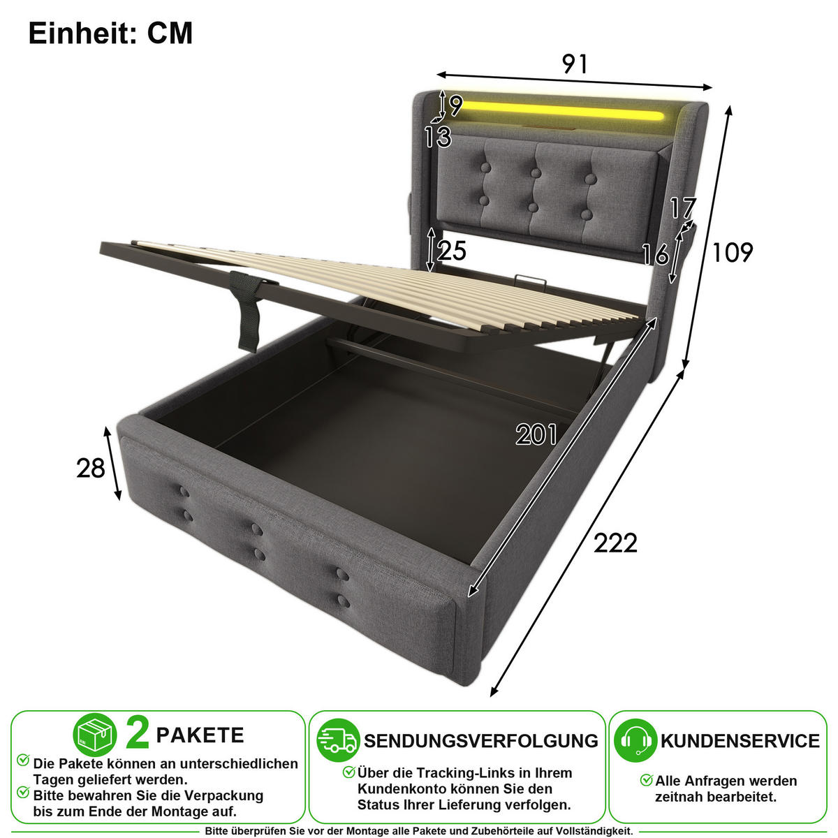 POLSTERBETT 90/200 cm in Grau mit Bettkasten, LED, USB und Type-C Baumwoll-Leinenstoff - Grau, Holzwerkstoff/Textil (90/200cm) - CHICFURN