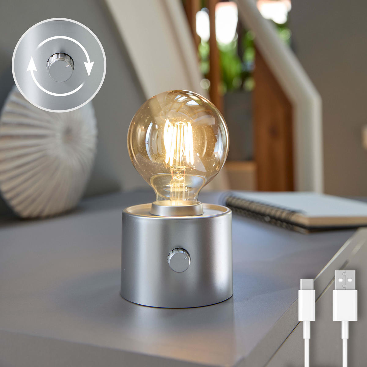 LED-TISCHLAMPE Vintage Edison dimmbar 10x9x16cm Silber matt - Silberfarben, Kunststoff (10/8.7/16cm) - Northpoint
