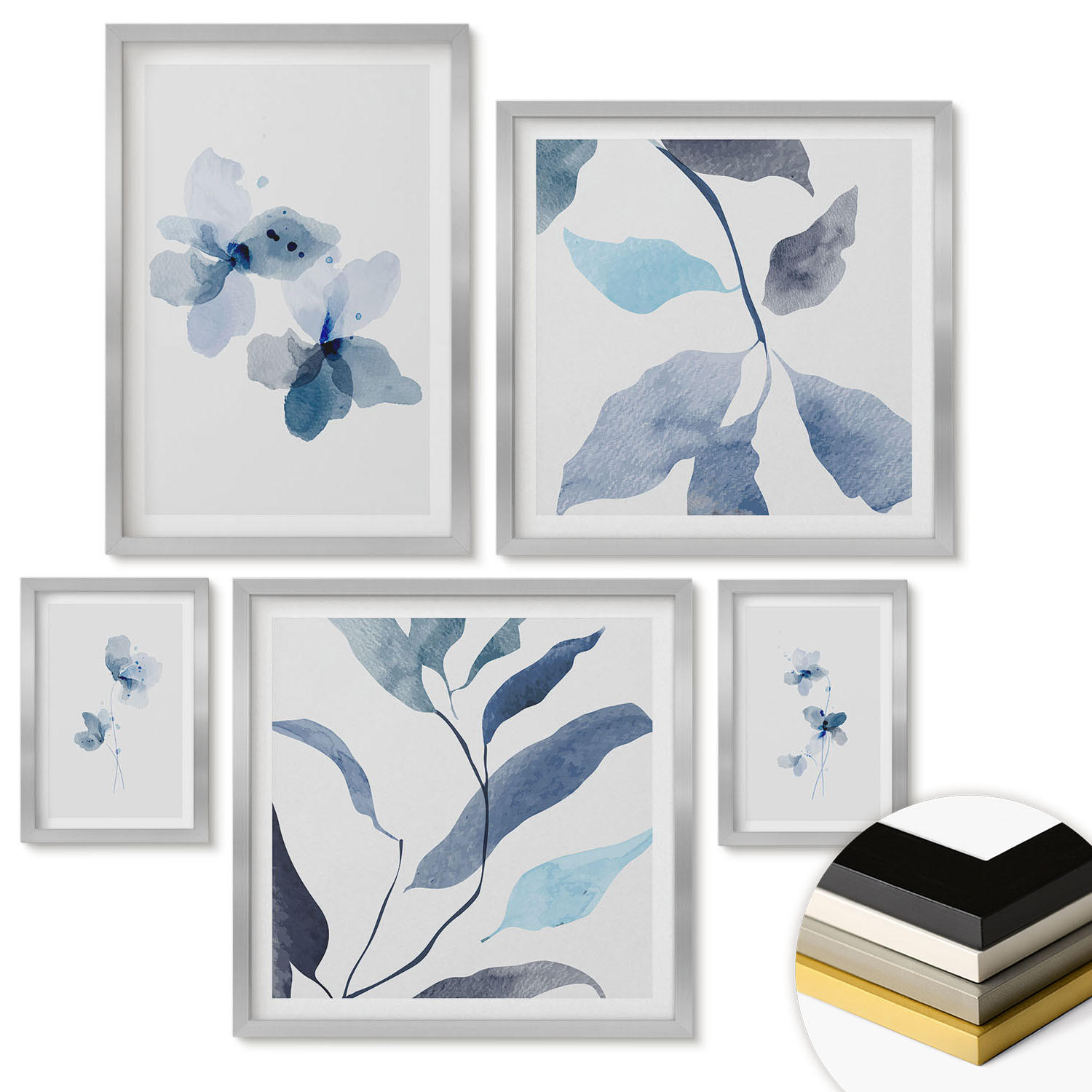 WANDBILDER 5er Set - 50x50 cm & 20x30 cm & 40x60 cm Silberner Rahmen - Minimalistische blaue Blumen - Silberfarben, Kunststoff (40/60cm) - ArtPrintCave