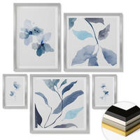 WANDBILDER 5er Set - 50x50 cm & 20x30 cm & 40x60 cm Silberner Rahmen - Minimalistische blaue Blumen - Silberfarben, Kunststoff (40/60cm) - ArtPrintCave