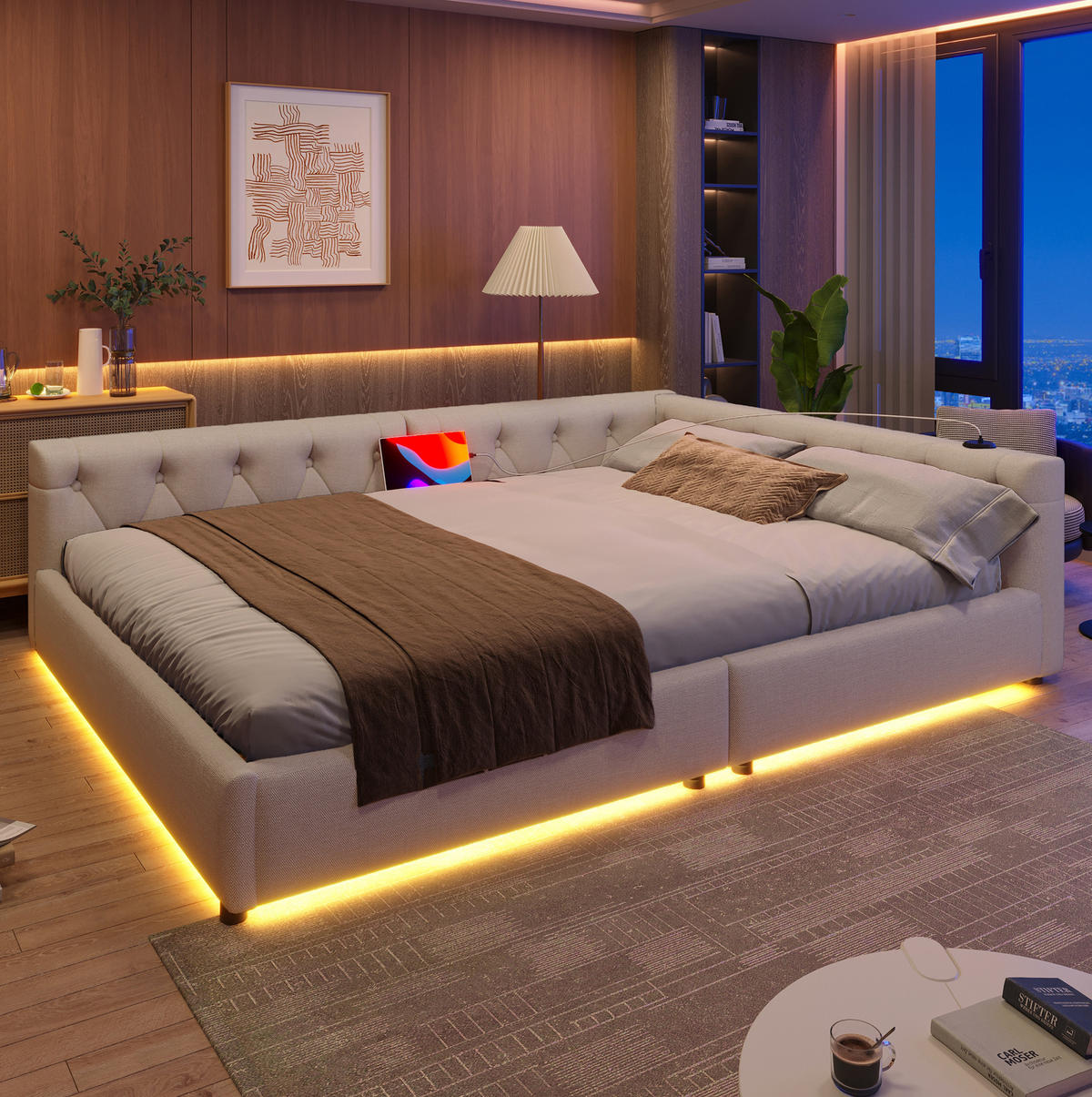 SCHLAFSOFA aus Leinen und MDF 140x200 cm Beige mit LED-Beleuchtung und USB-/Typ-C-Anschlüssen - Beige, Textil (140/200cm) - IVMEU