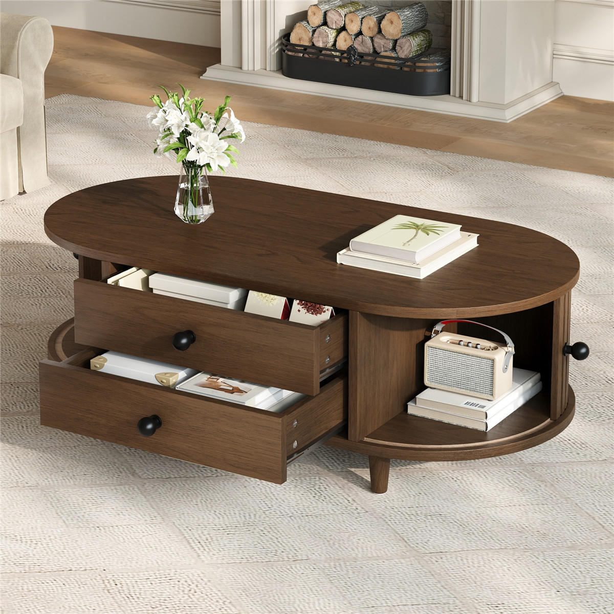 COUCHTISCH Walnuss 100/50/36 cm Schiebetüren Schubladen - Walnussfarben, Holz (50/100/36cm) - Kaket