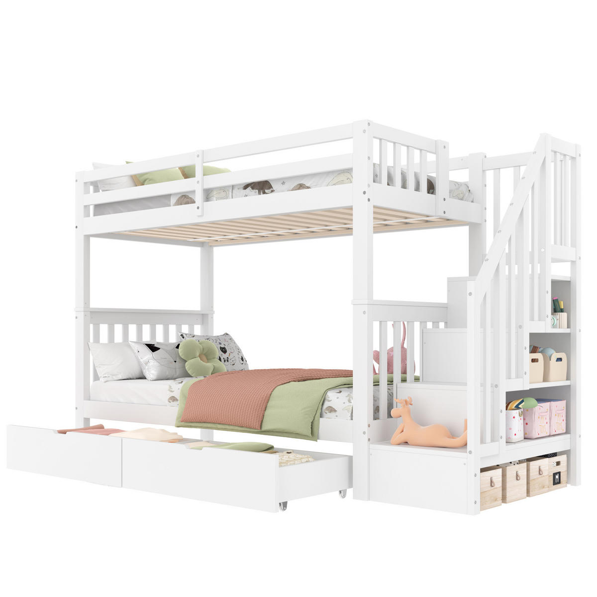 ETAGENBETT 90/200 cm mit Treppenregal, 2 Schubladen und hohem Geländer aus Kiefernholz und MDF, Weiß - Weiß, Holz (90/200cm) - Redom