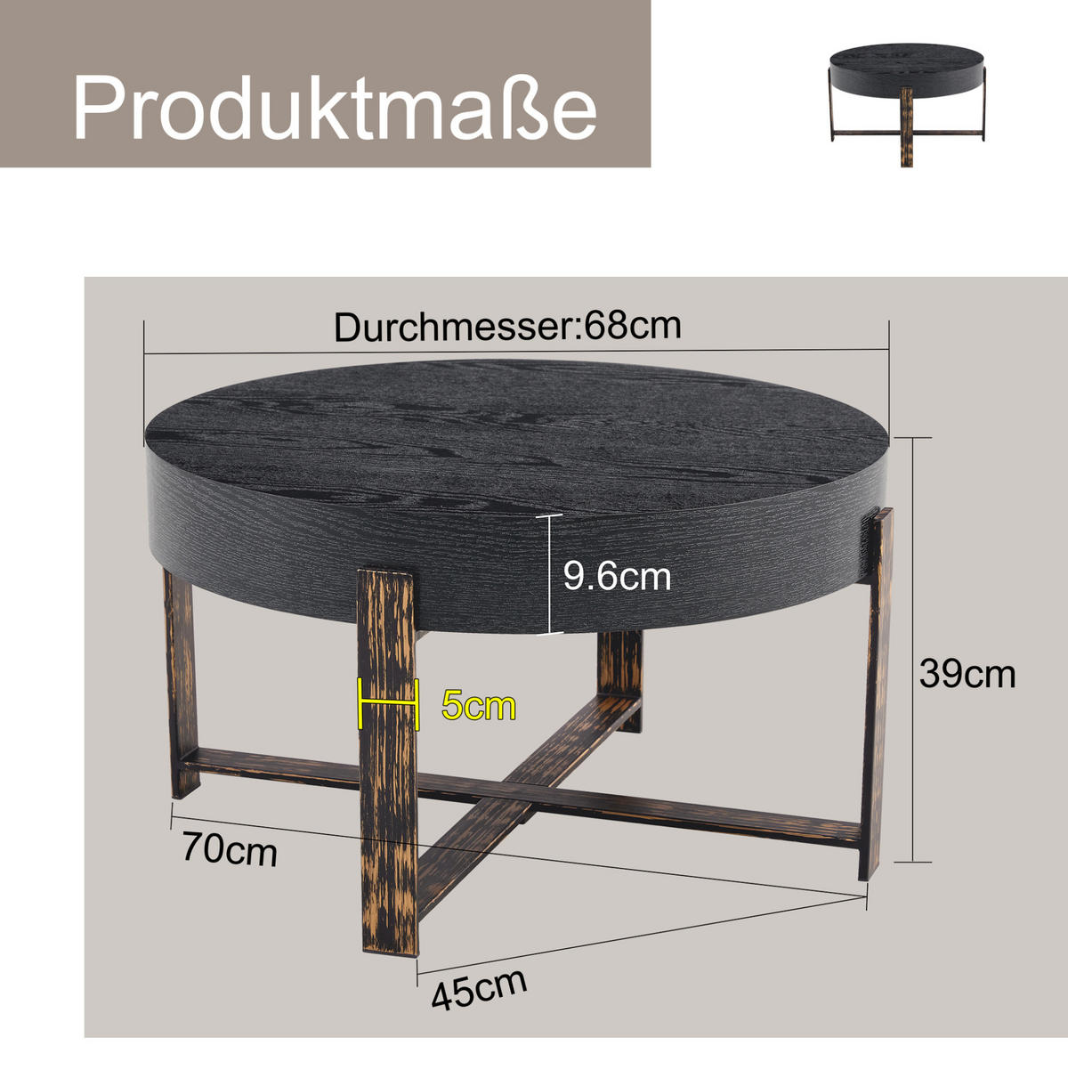 BEISTELLTISCH 68/39 cm Schwarz aus MDF und Metall mit Kreuzfuß - Schwarz, Holzwerkstoff (68/68/39cm) - OKMYHOME