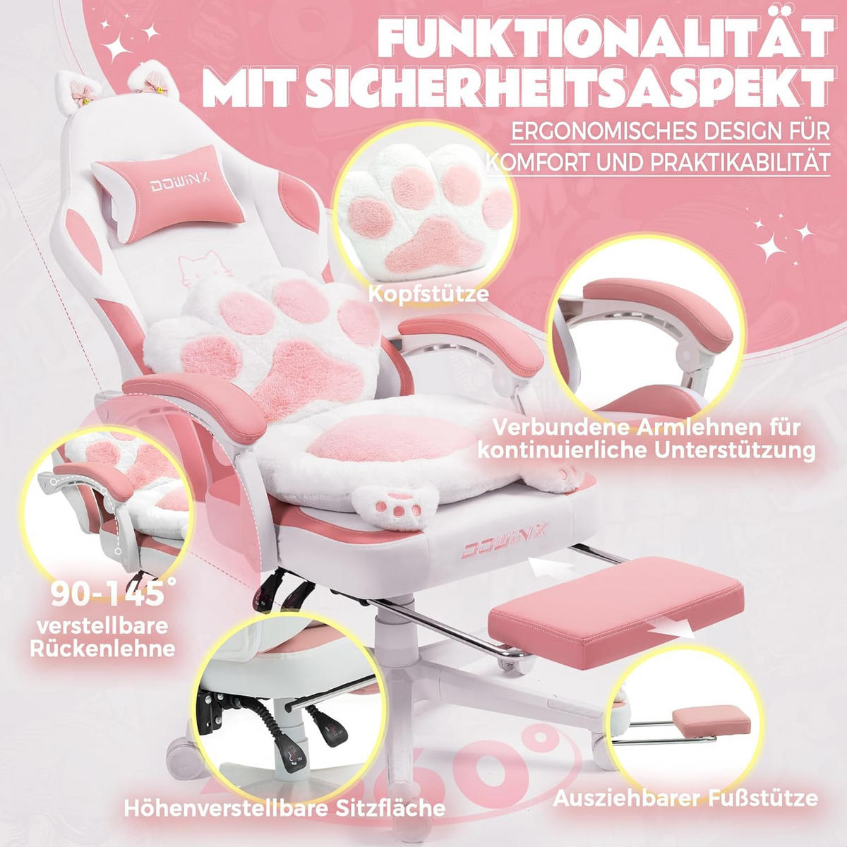 GAMING-STUHL Ergonomischer & Fußstütze Bürostuhl & Lendenwirbelstütze - Rosa, Leder (52/126/49cm)