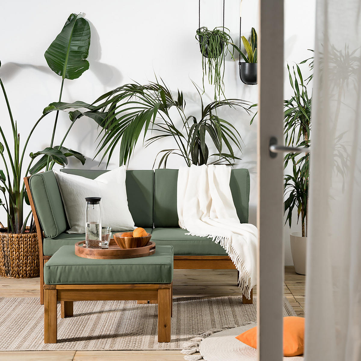 LOUNGEHOCKER - Webstoff / Akazie massiv - Olivgrün, Holz/Textil (60/38/60cm) - home24