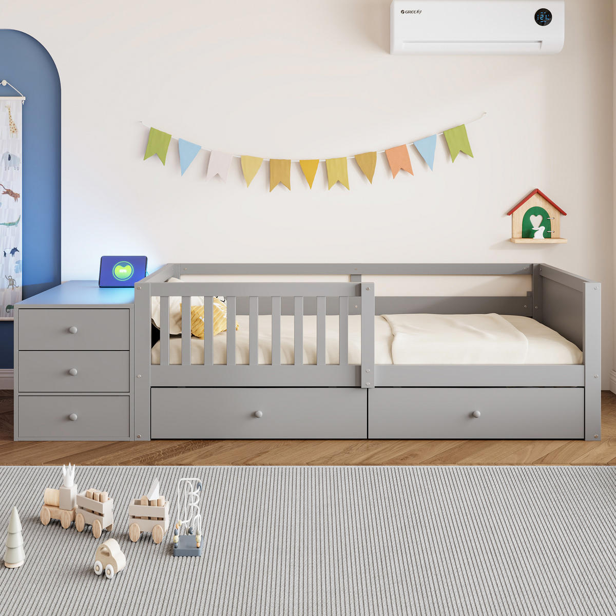 KINDERBETT 90/200 cm in Grau mit Stauraum, Schubladen, Regalen, LED, Steckdose und Sicherheitsgitter - Grau, Holzwerkstoff (90/200cm) - STILVORA