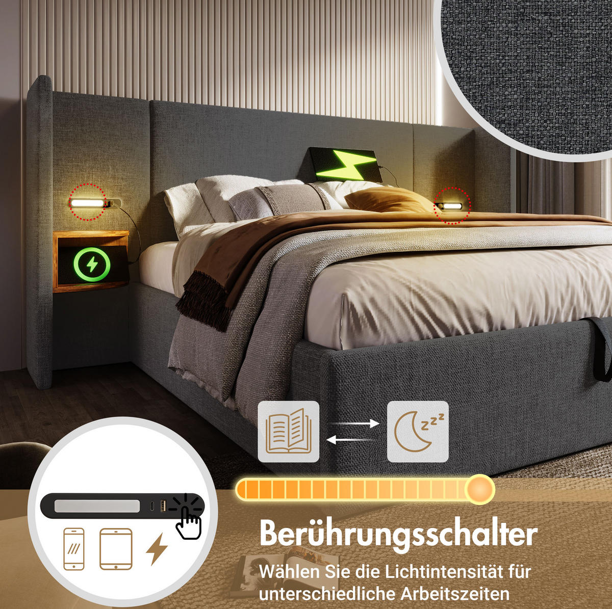 POLSTERBETT 180/200 cm Grau aus Leinen mit Stauraum - Grau, Textil (180/200cm) - OKMYHOME