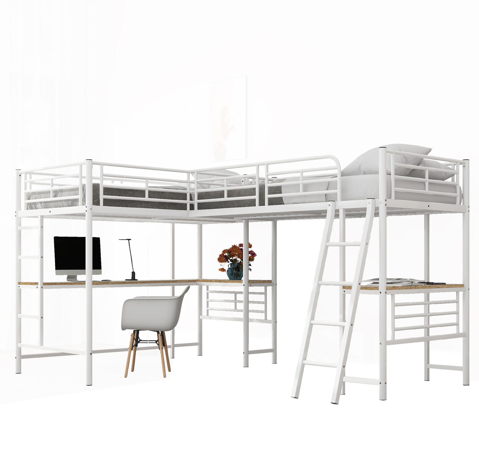 HOCHBETT 90/200 cm Weiß aus Metall und MDF mit Schreibtisch - Weiß, Metall (140/200cm) - OKMYHOME