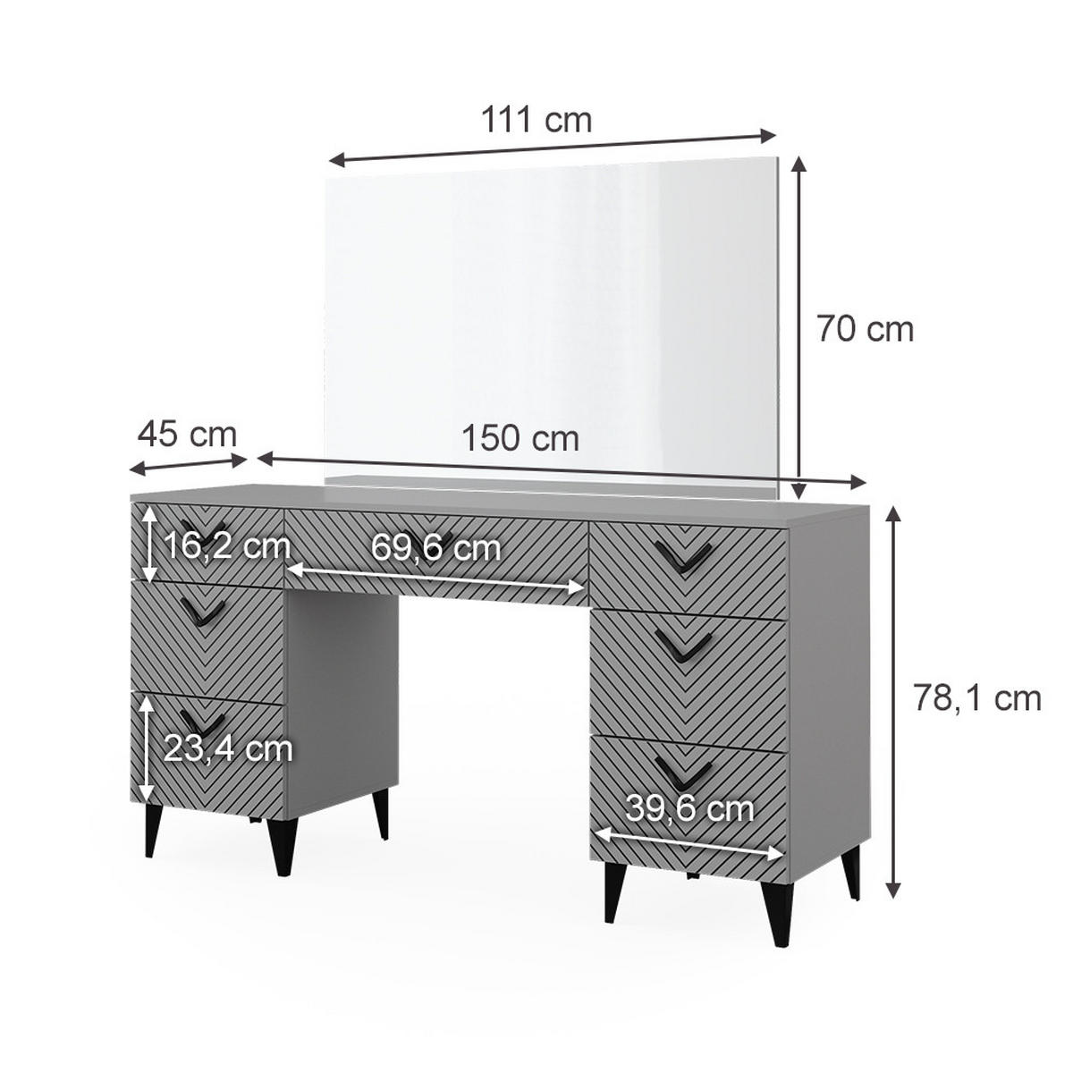 SCHMINKTISCH Anett Grau 150 cm mit 7 Schubladen - Grau, Holzwerkstoff (150/78.1/45cm) - Vicco