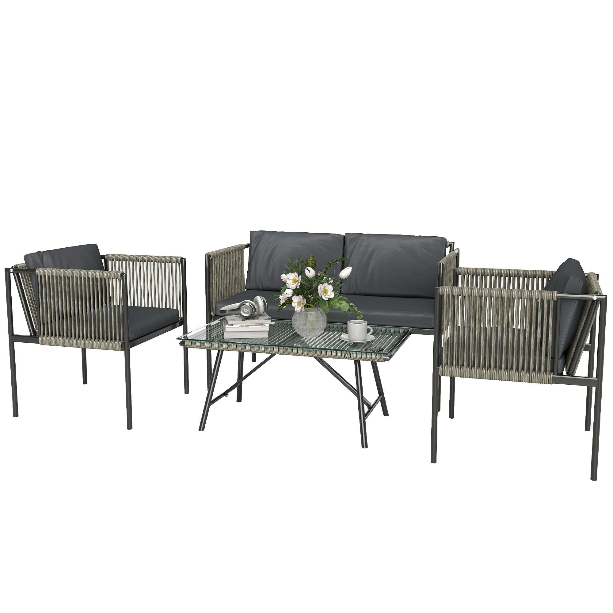 GARTENMÖBEL-SET DE-06725 4-teilig mit Glasplatte Grau - Grau, Kunststoff/Metall - ComfortXL
