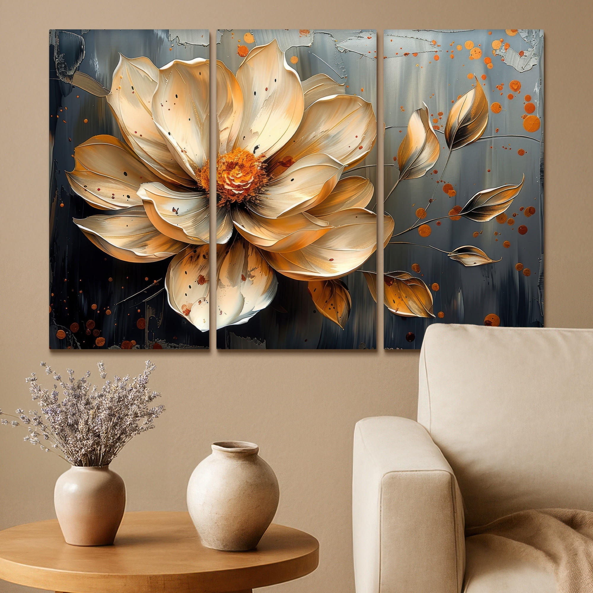 LEINWANDBILD 3er Set Blume - Gold - Abstrakt - Farbe 90x60 cm - Creme, Textil (90/60cm) - MuchoWow