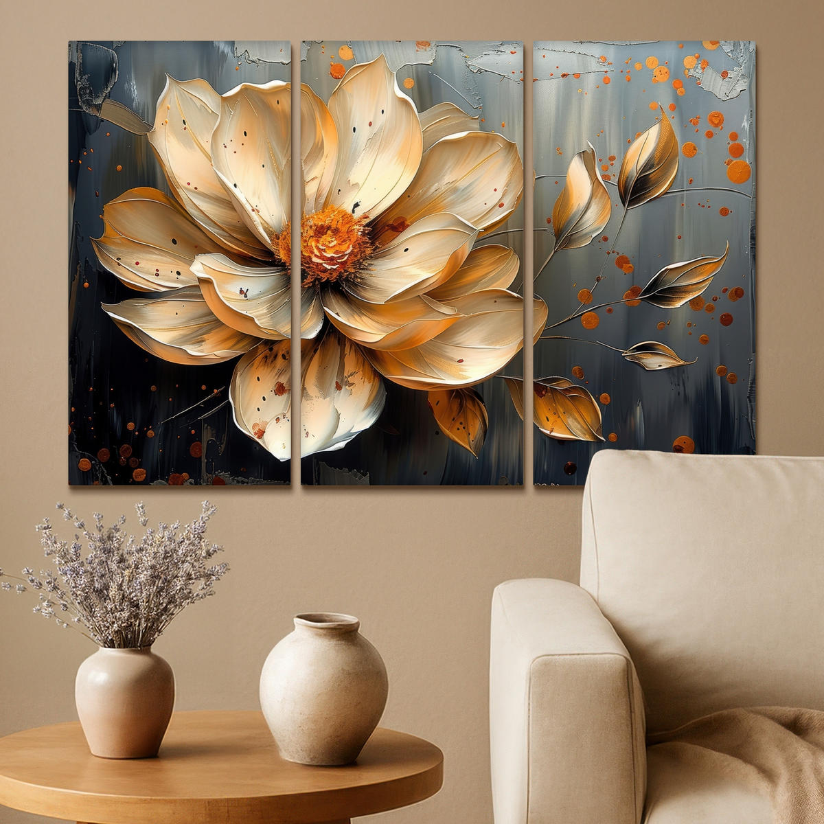 LEINWANDBILD 3er Set Blume - Gold - Abstrakt - Farbe 90x60 cm - Creme, Textil (90/60cm) - MuchoWow