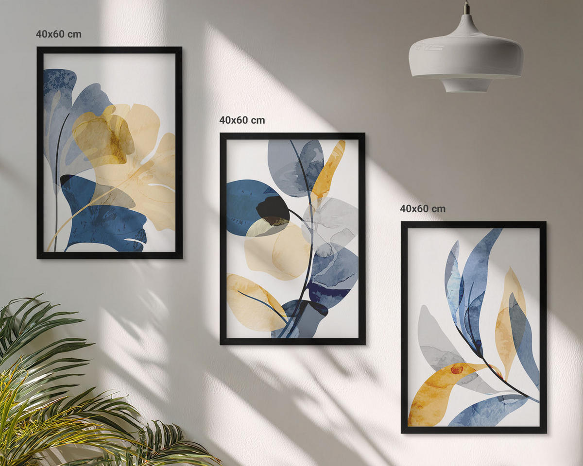 BILDER SET 3er Set - 40x60 cm Schwarzer Rahmen - Aquarell-Pflanzenmotive - Schwarz, Kunststoff (40/60cm) - TULUP