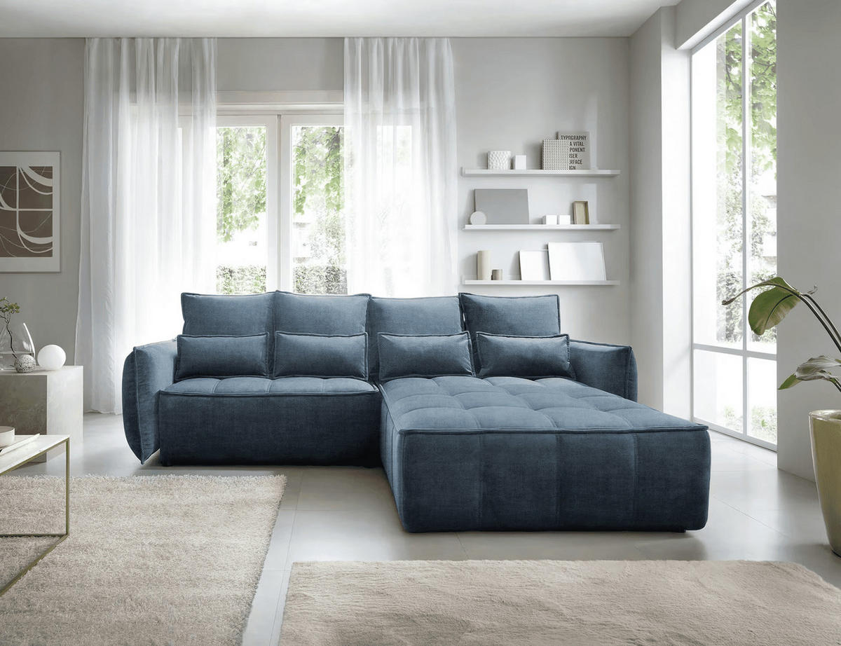 ECKSOFA mit Schlaffunktion und Bettkasten - Dunkelblau, Textil (196/265cm) - Eltap