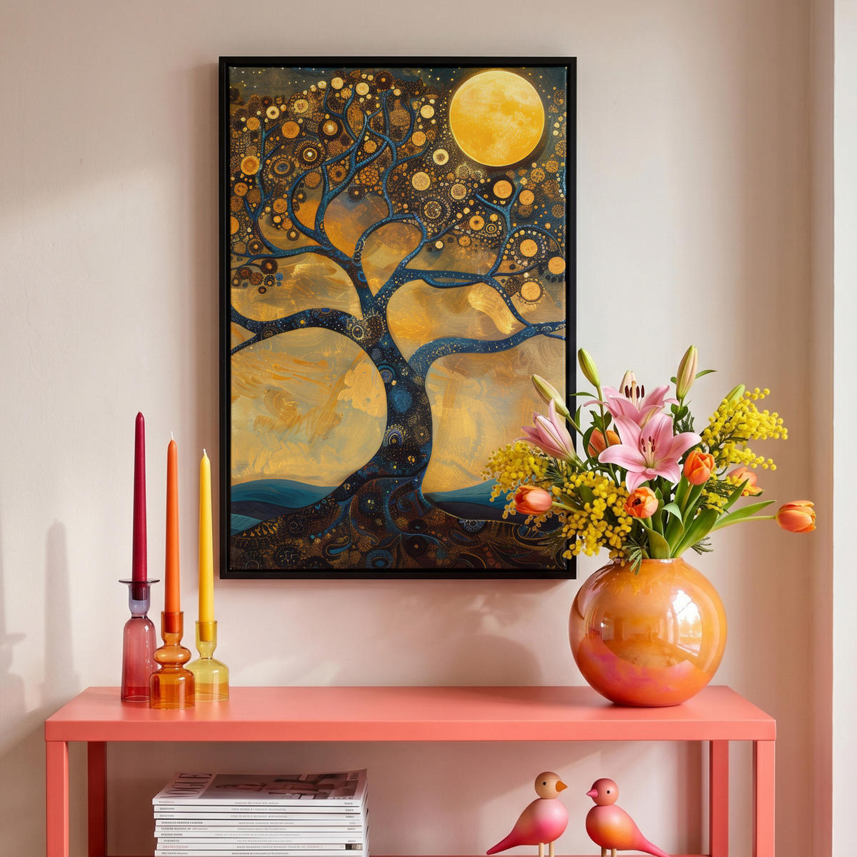LEINWAND Bilder mit Rahmen - Baum - Mond - Blumen - Gold - Kunst - 40x60 - Orange, Textil (40/60cm) - MuchoWow